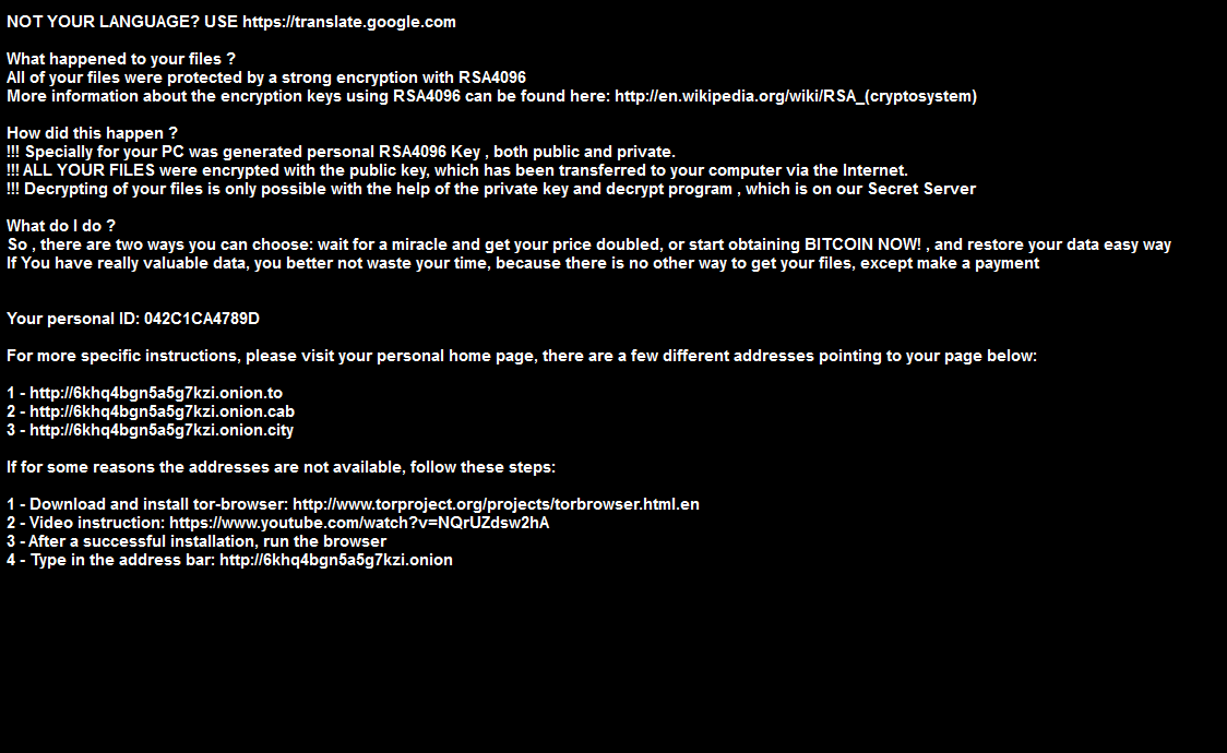 Esta es una muestra del mensaje que deja el ransomware Cryptosystem RSA-4096 exigiendo el pago.
